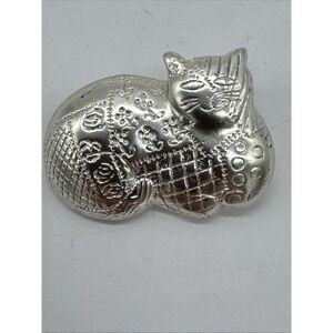 Signed AJC Pewter Cat Quilt Patchwork  Embossed Brooch Vintage
